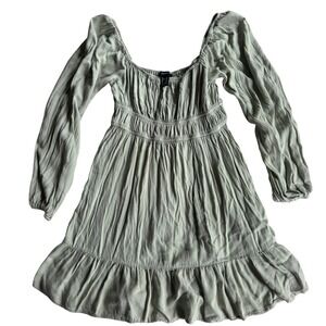Forever 21 Sage Green Peasant Mini Dress Smocked Empire Waist Ruffle Hem Medium